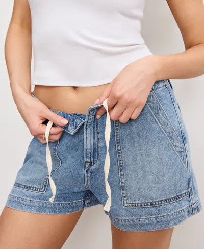 Good American Womens Drawstring Patch-pockets Denim-blend Shorts Indigo786