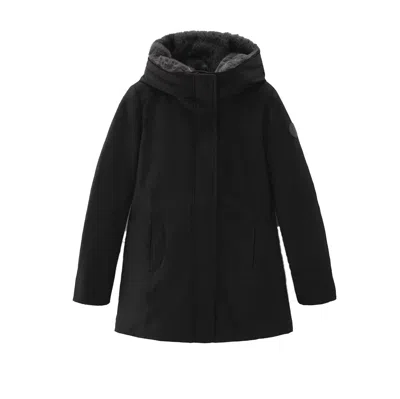 Woolrich Boulder Parka In Ramar Cloth With Hood And Detachable Faux Fur Trim In Black