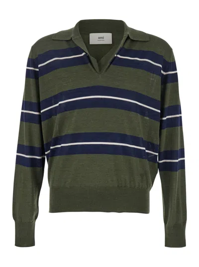 Ami Alexandre Mattiussi Ami Paris Men Green Polo With All-over Striped Motif And Polo-style Collar In Wool And Silk Blend Ma In Green