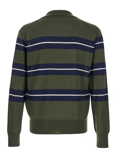 Ami Alexandre Mattiussi Ami Paris Men Green Polo With All-over Striped Motif And Polo-style Collar In Wool And Silk Blend Ma In Green