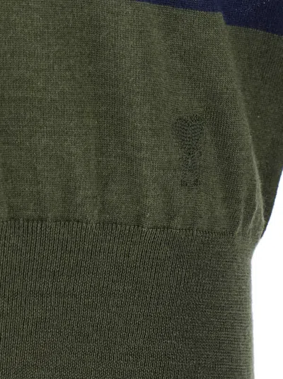 Ami Alexandre Mattiussi Ami Paris Men Green Polo With All-over Striped Motif And Polo-style Collar In Wool And Silk Blend Ma In Green