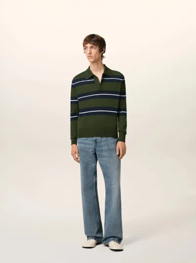 Ami Alexandre Mattiussi Ami Paris Men Green Polo With All-over Striped Motif And Polo-style Collar In Wool And Silk Blend Ma In Green