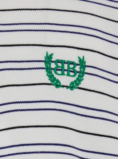 Balenciaga White Polo Shirt With Logo Embroidery On The Front And All-over Striped Motif In Cotton M