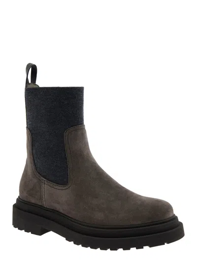 Brunello Cucinelli Brown Ankle Boots With Pull-tab With Monil At The Heel In Suede Woman