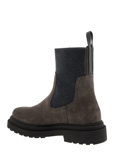Brunello Cucinelli Brown Ankle Boots With Pull-tab With Monil At The Heel In Suede Woman