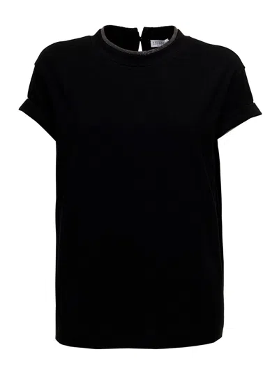 Brunello Cucinelli Short-sleeved T-shirt With Rolled Sleeves And Keyhole Detail In Black