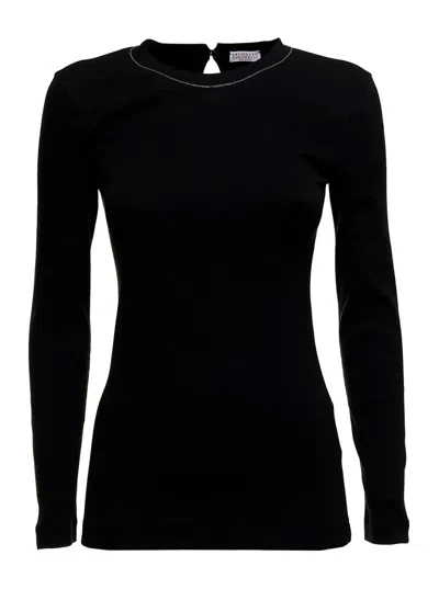 Brunello Cucinelli Womans Long-sleeved Black Cotton T-shirt With Monile Crew Neck
