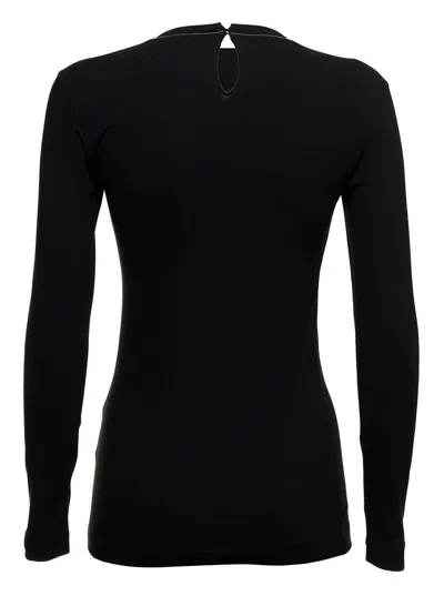 Brunello Cucinelli Womans Long-sleeved Black Cotton T-shirt With Monile Crew Neck