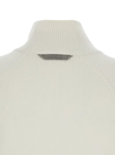 Brunello Cucinelli White Sweater With High Neck And Monil Detail On The Rear In Cashmere Woman