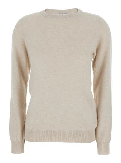 Brunello Cucinelli Beige Sweater With Round Neck In Cashmere Woman In Brown