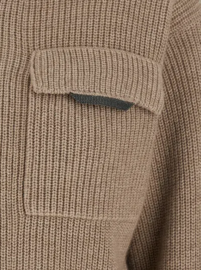 Brunello Cucinelli Beige Cardigan With Spread Collar And Monil Detail On The Front In Cashmere Woman