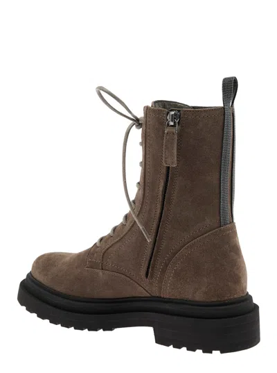 Brunello Cucinelli Brown Ankle Boots With Monil Detail On The Rear And Side Zip Closure In Leather W