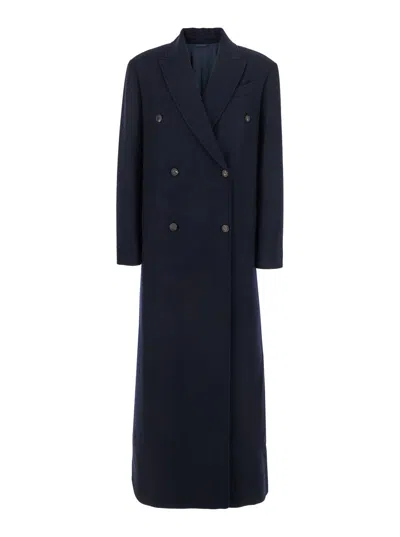 Brunello Cucinelli Blue Double-breasted Long Coat With Peak Revers