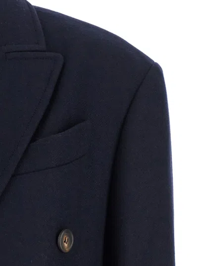Brunello Cucinelli Blue Double-breasted Long Coat With Peak Revers