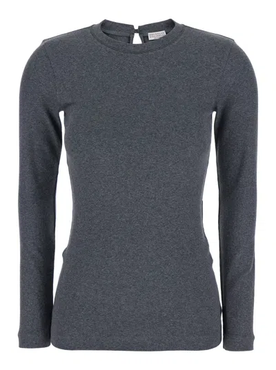 Brunello Cucinelli Grey Crewneck T-shirt With Monil Detail On The Collar And Rear Cut-out In Cotton Stretch Woman