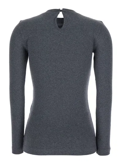 Brunello Cucinelli Grey Crewneck T-shirt With Monil Detail On The Collar And Rear Cut-out In Cotton Stretch Woman