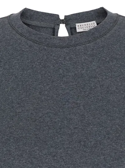 Brunello Cucinelli Grey Crewneck T-shirt With Monil Detail On The Collar And Rear Cut-out In Cotton Stretch Woman