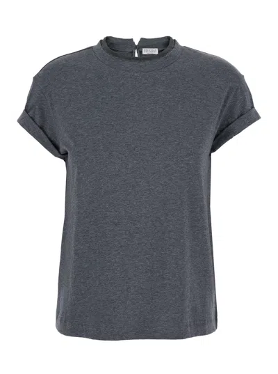 Brunello Cucinelli Grey Crewneck T-shirt With Monil Detail On The Collar And Rear Cut-out In Cotton Stretch Woman