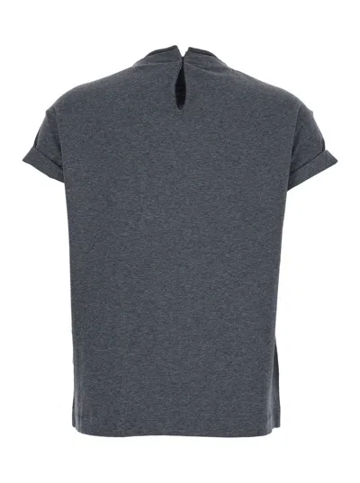 Brunello Cucinelli Grey Crewneck T-shirt With Monil Detail On The Collar And Rear Cut-out In Cotton Stretch Woman