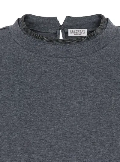 Brunello Cucinelli Grey Crewneck T-shirt With Monil Detail On The Collar And Rear Cut-out In Cotton Stretch Woman