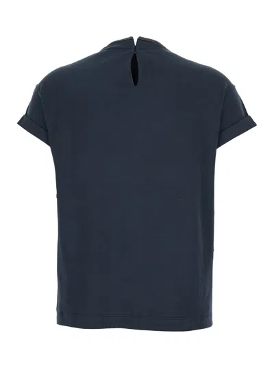 Brunello Cucinelli Blue Crewneck T-shirt With Monil Detail On The Collar And Rear Cut-out In Cotton Stretch Woman In Blue