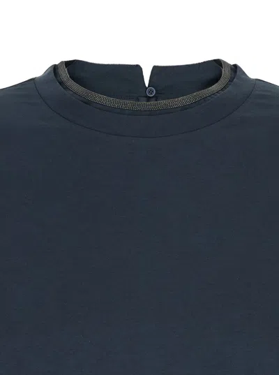 Brunello Cucinelli Blue Crewneck T-shirt With Monil Detail On The Collar And Rear Cut-out In Cotton Stretch Woman In Blue