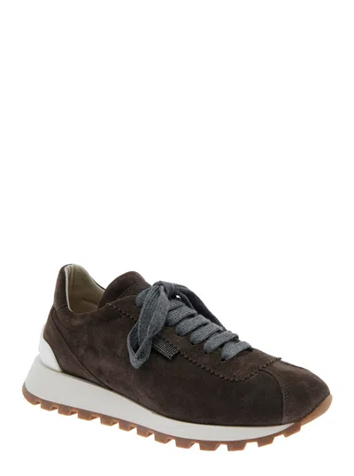 Brunello Cucinelli Brown Low Top Sneakers With Monil Detail On The Side And Embossed Logo Lettering On The Rear In Leat