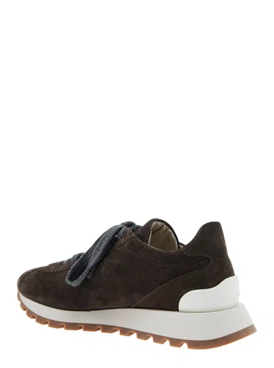 Brunello Cucinelli Brown Low Top Sneakers With Monil Detail On The Side And Embossed Logo Lettering On The Rear In Leat