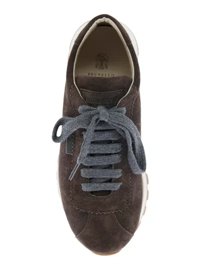 Brunello Cucinelli Brown Low Top Sneakers With Monil Detail On The Side And Embossed Logo Lettering On The Rear In Leat