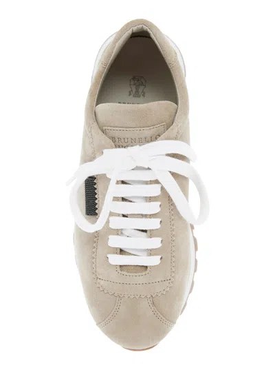 Brunello Cucinelli Beige Low Top Sneakers With Monil Detail On The Side And Embossed Logo Lettering On The Rear In Leat
