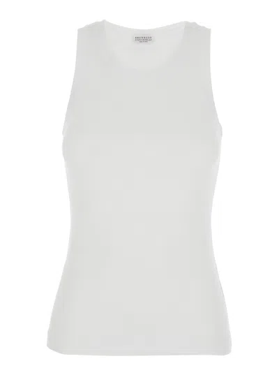 Brunello Cucinelli White Sleeveless Top With Round Neck And Monil Detail On The Rear In Cotton Stretch Woman