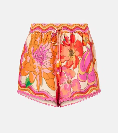 Farm Rio Spring Affair Bead-embellished Floral-print Linen-blend Shorts In Multi