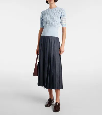 Thom Browne Womens Light Blue Pointelle Cable-knit Cotton T-shirt