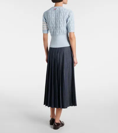 Thom Browne Womens Light Blue Pointelle Cable-knit Cotton T-shirt