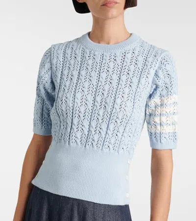 Thom Browne Womens Light Blue Pointelle Cable-knit Cotton T-shirt