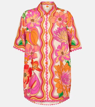 Farm Rio Spring Affair Linen Short-sleeve Buttondown Shirt In Pink