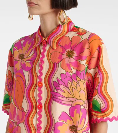 Farm Rio Spring Affair Linen Short-sleeve Buttondown Shirt In Pink