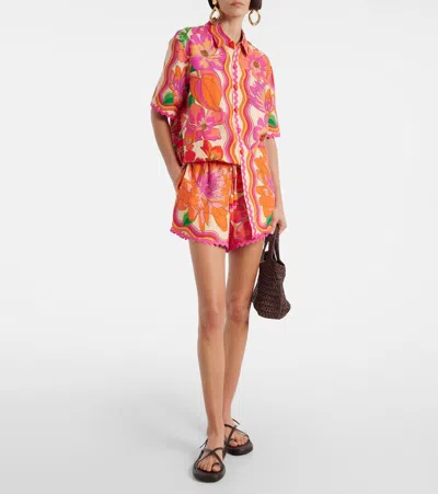 Farm Rio Spring Affair Linen Short-sleeve Buttondown Shirt In Pink