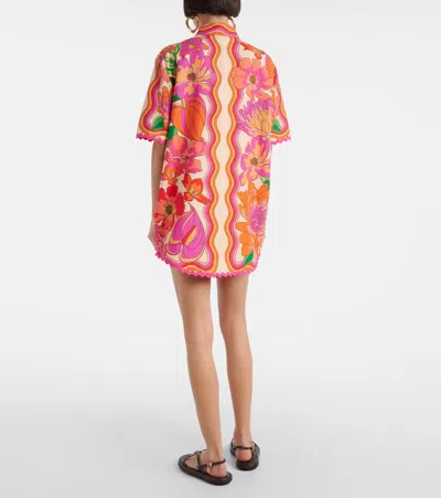 Farm Rio Spring Affair Linen Short-sleeve Buttondown Shirt In Pink