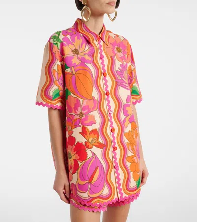 Farm Rio Spring Affair Linen Short-sleeve Buttondown Shirt In Pink