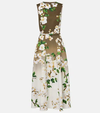 Oscar De La Renta Sleeveless Ombre Ankle Length Cherry Blossom Dress In White Khaki Ombre