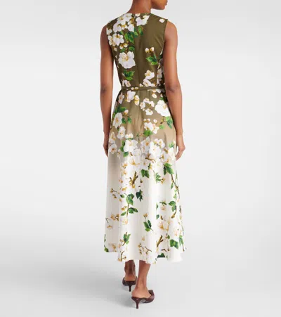 Oscar De La Renta Sleeveless Ombre Ankle Length Cherry Blossom Dress In White Khaki Ombre