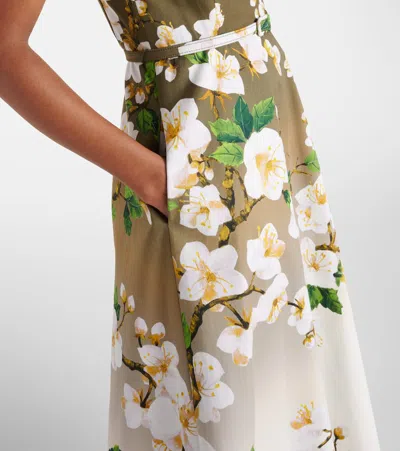 Oscar De La Renta Sleeveless Ombre Ankle Length Cherry Blossom Dress In White Khaki Ombre