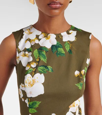 Oscar De La Renta Sleeveless Ombre Ankle Length Cherry Blossom Dress In White Khaki Ombre