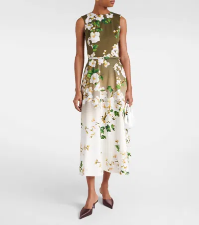 Oscar De La Renta Sleeveless Ombre Ankle Length Cherry Blossom Dress In White Khaki Ombre
