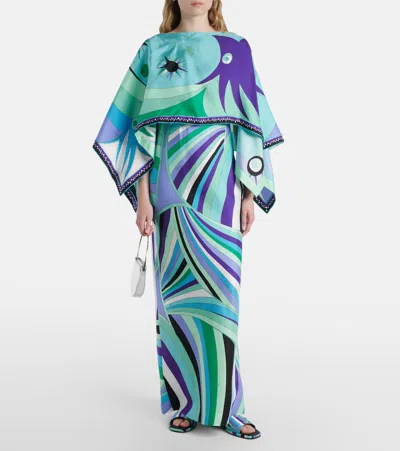 Pucci Iride Print Long Silk Dress With Cape