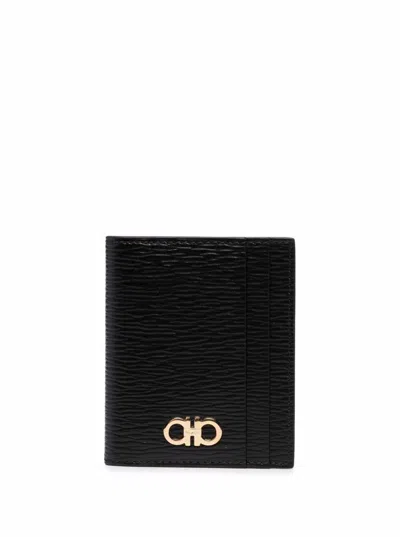 Ferragamo Men Hammered Leather Gancini Bi-fold Card Holder In Black