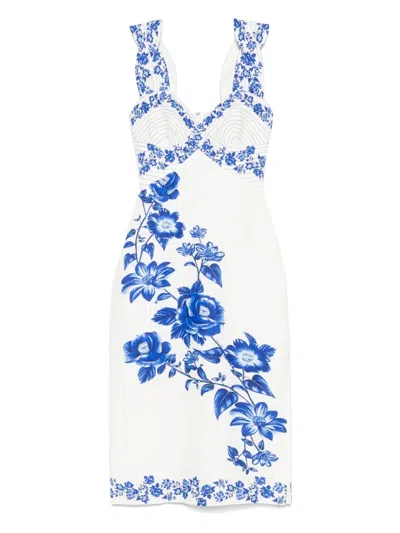 Farm Rio Off-white Floral Cascade Wavy Midi Dress In Blue Floral Cascade Off-white