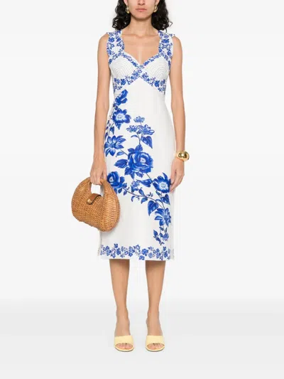 Farm Rio Off-white Floral Cascade Wavy Midi Dress In Blue Floral Cascade Off-white