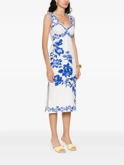 Farm Rio Off-white Floral Cascade Wavy Midi Dress In Blue Floral Cascade Off-white